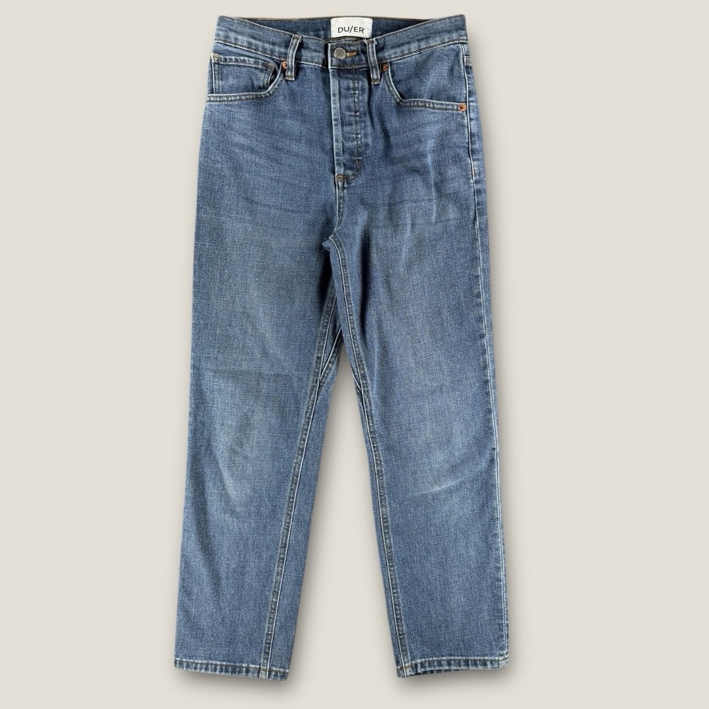 DU/ER Performance Denim High Rise Straight Jeans Blue Coolmax Stretch 26 x 27